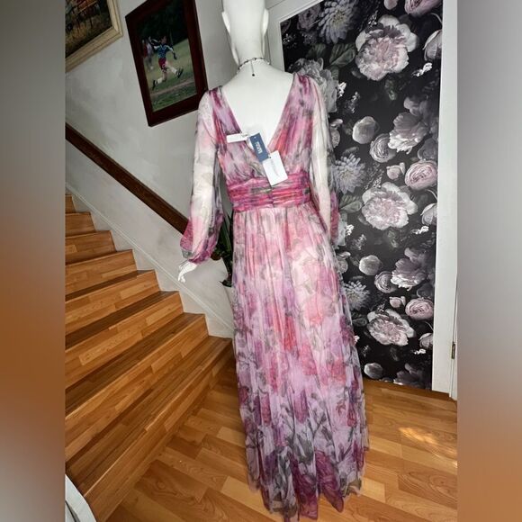 BHLDN Marchesa Notte chiffon silk print pleated maxi dress - Picture 8 of 10